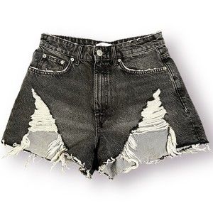 Zara Women's Black Denim Jean Cut Off Shorts High Rise Distressed Sz 4 Y2K Jorts